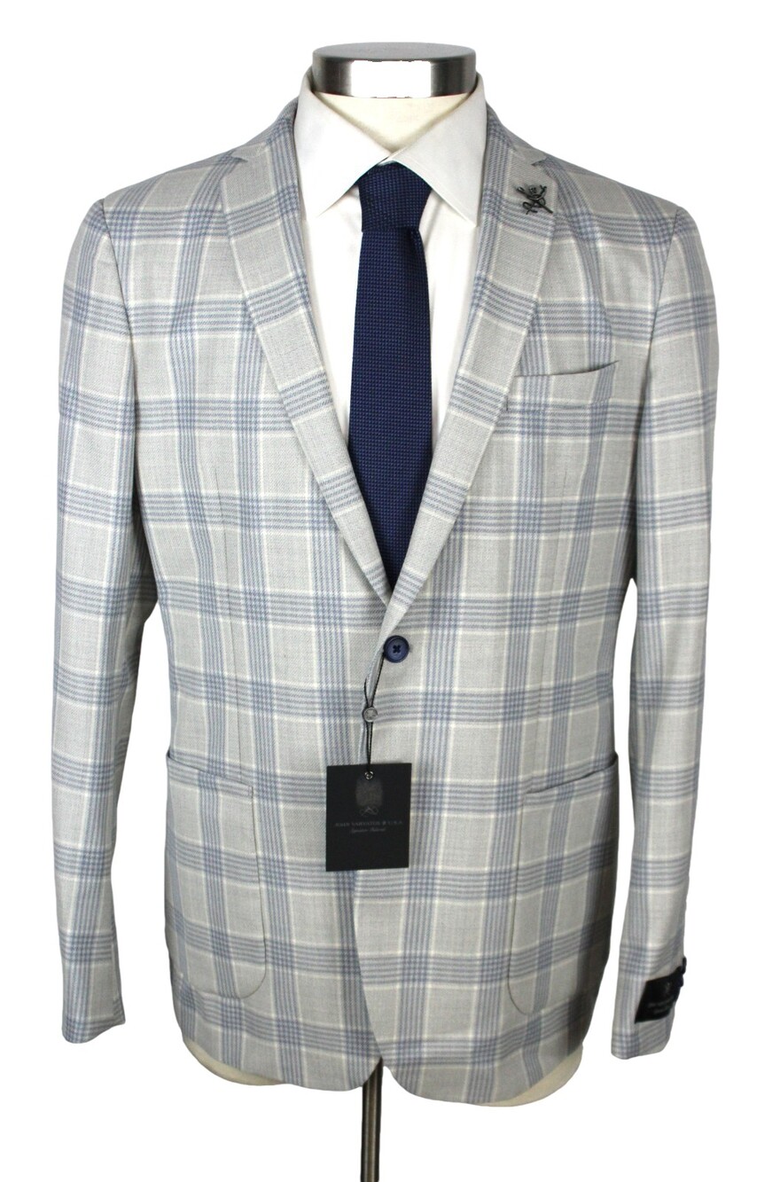 John Varvatos Varick Jacket Mens 42 L Wool Blend Slim Fit Light Grey Blue Plaid